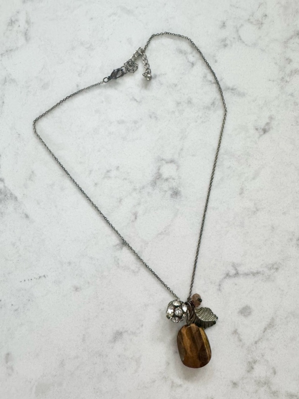 Gold necklace Brown Stone Pendant Necklace with Leaf Accent Tiger’s Eye